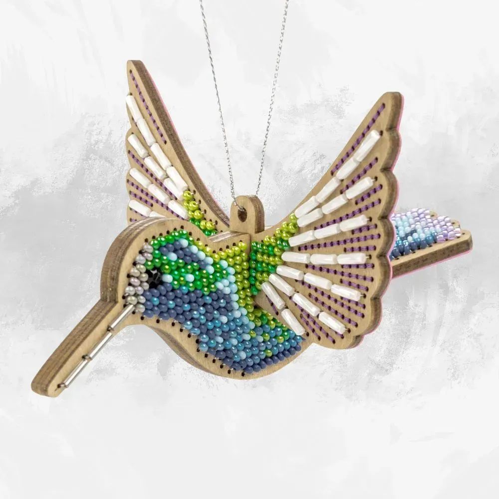 Bright Hummingbird by Wonderland Crafts Bead embroidery kit on wood