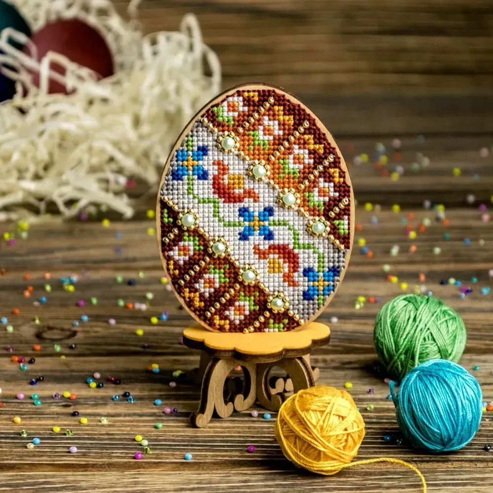 Floral Beige Easter Egg by Wonderland Crafts Cross-stitch with beads kit on wood