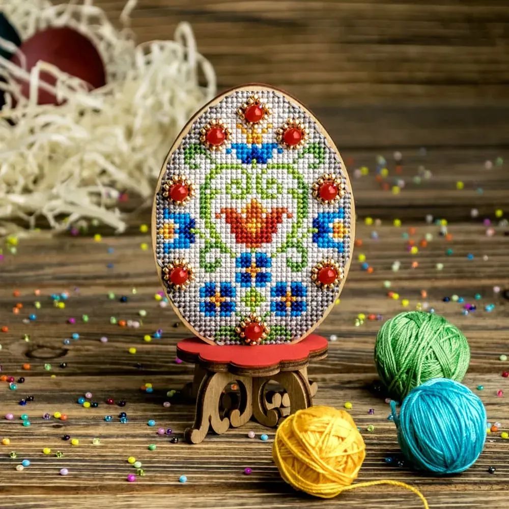 Floral White Easter Egg by Wonderland Crafts Cross-stitch with beads kit on wood