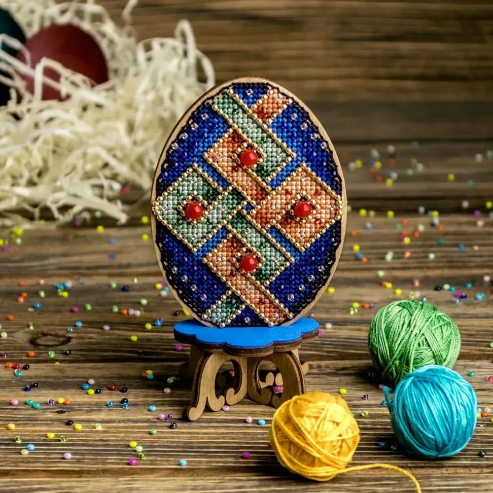 Blue Plaid Easter Egg by Wonderland Crafts Cross-stitch with beads kit on wood