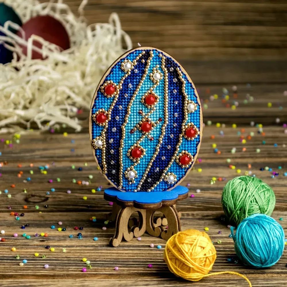 Blue Easter Egg by Wonderland Crafts Cross-stitch with beads kit on wood