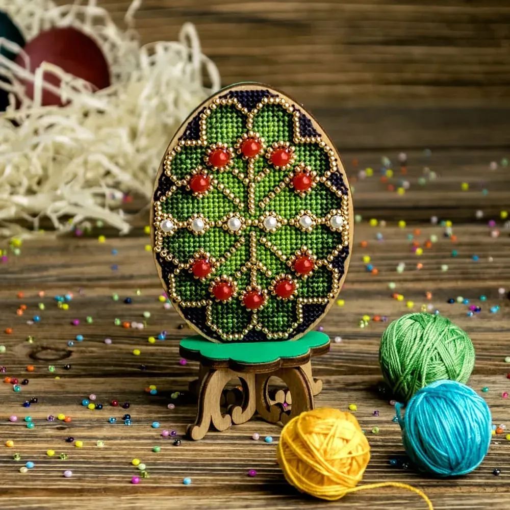 Green Easter Egg by Wonderland Crafts Cross-stitch with beads kit on wood