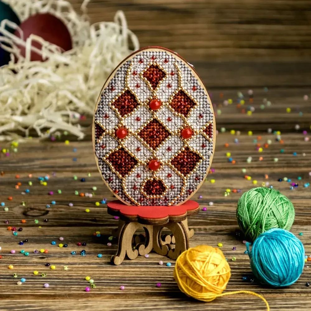 White and Red Easter Egg by Wonderland Crafts Cross-stitch with beads kit on wood