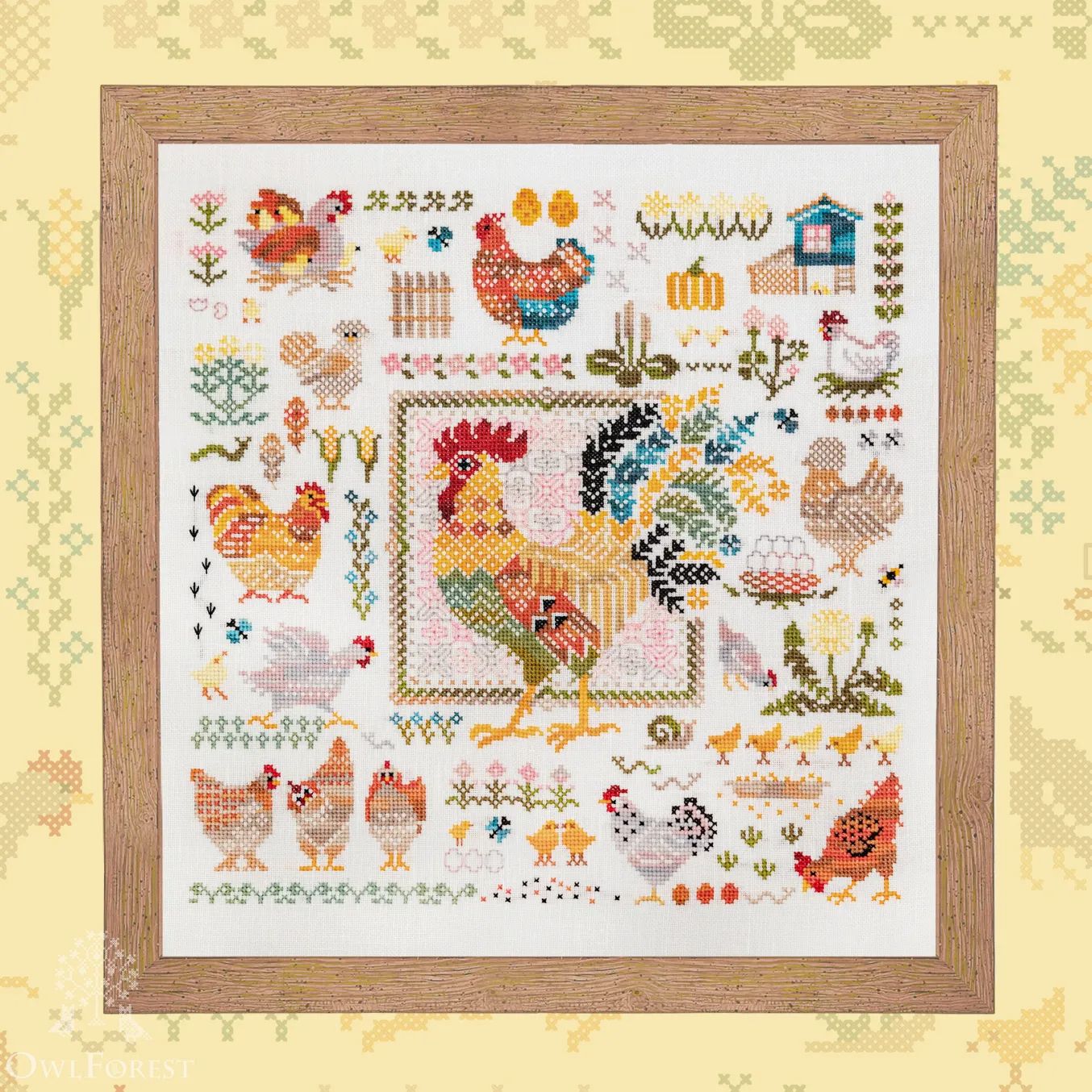 Chicken Yard by Owl Forest Embroidery 2022 Printed counted cross stitch pattern Set of Hand-Dyed Threads (DMC) 32 ct. with 2 strands
