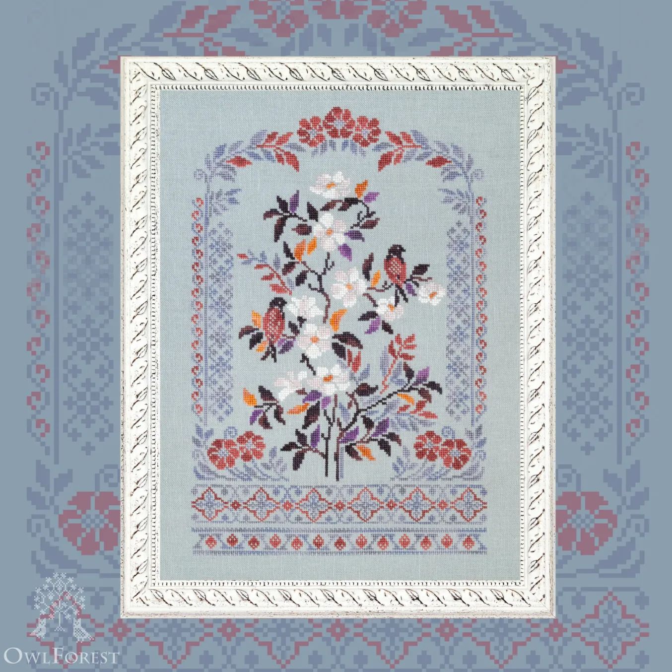 Misty Morning by Owl Forest Embroidery 2025 Printed counted cross stitch pattern, Set of Hand-Dyed Threads DMC 32 ct with 2 strands