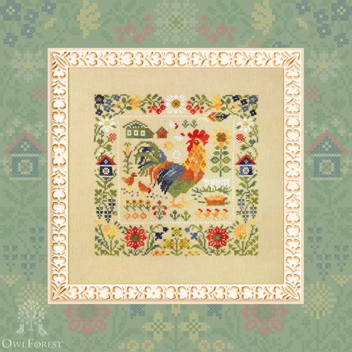 Spirited Rooster by Owl Forest Embroidery 2026 Printed counted cross stitch pattern Set of Hand-Dyed Threads (DMC)