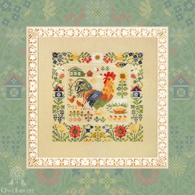 Spirited Rooster by Owl Forest Embroidery 2026 Printed counted cross stitch pattern Set of Hand-Dyed Threads (DMC)