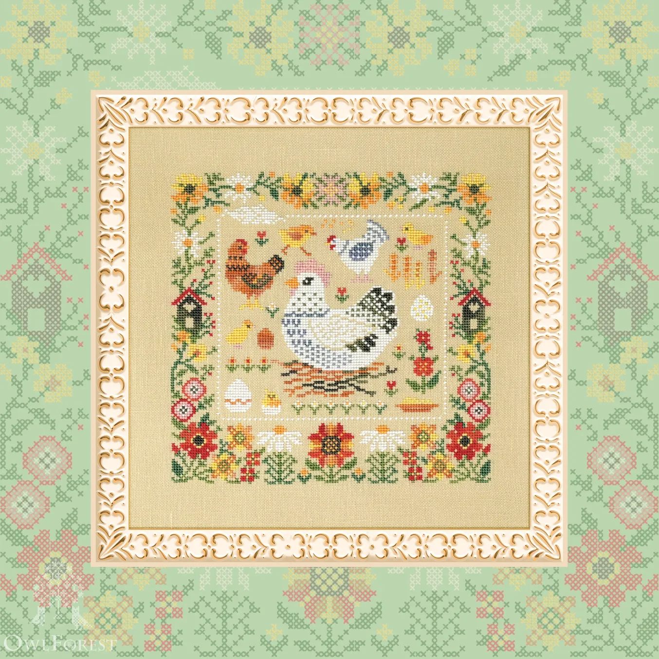 Speckled Hen by Owl Forest Embroidery 2026 Printed counted cross stitch pattern Set of Hand-Dyed Threads (DMC)