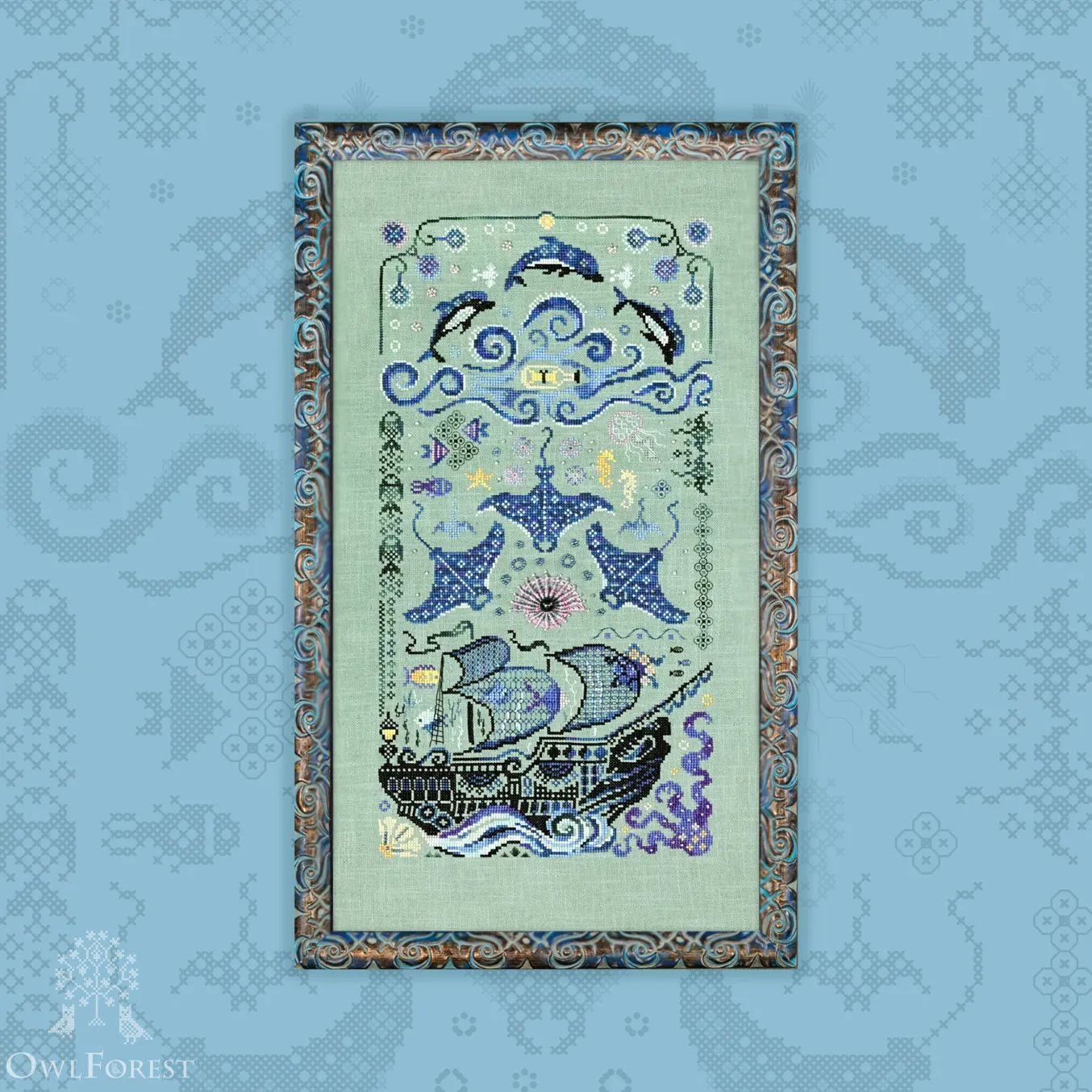 Black Pearl by Owl Forest Embroidery 2026 Printed counted cross stitch pattern, Set of Hand-Dyed Threads DMC