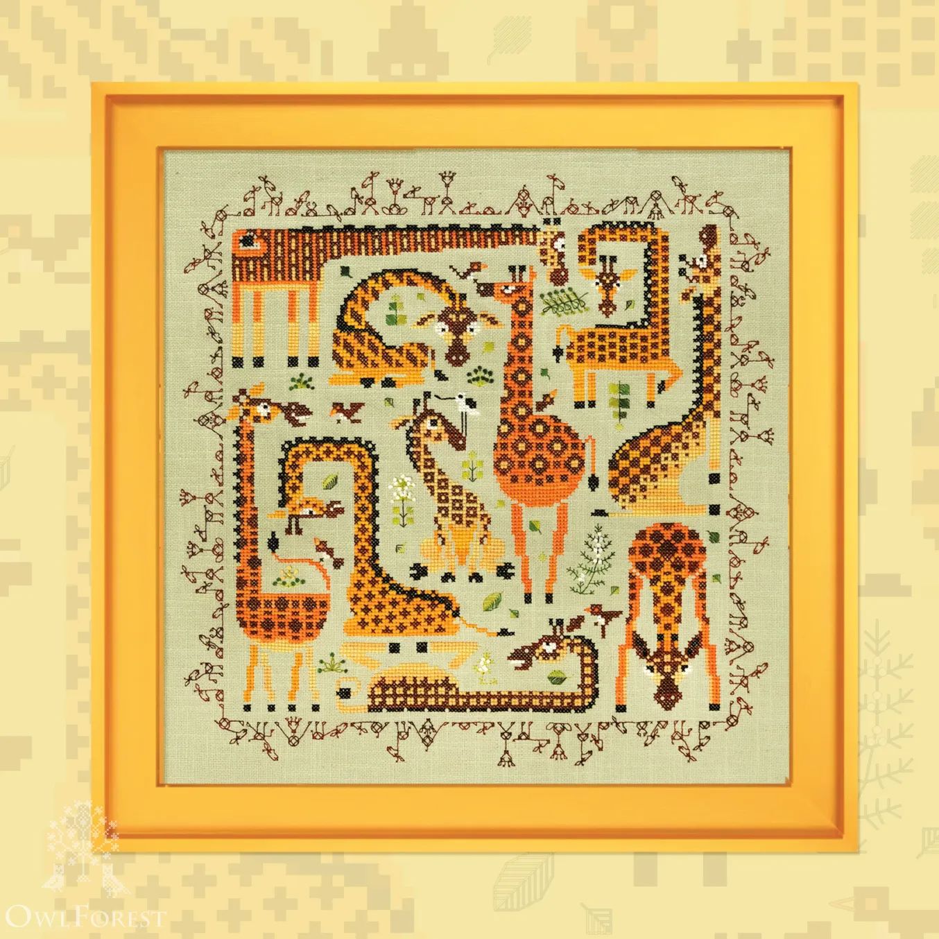 Spotted Giraffes by Owl Forest Embroidery 2026 Printed counted cross stitch pattern Set of OwlForest Hand-Dyed Threads DMC 32ct with 2 str