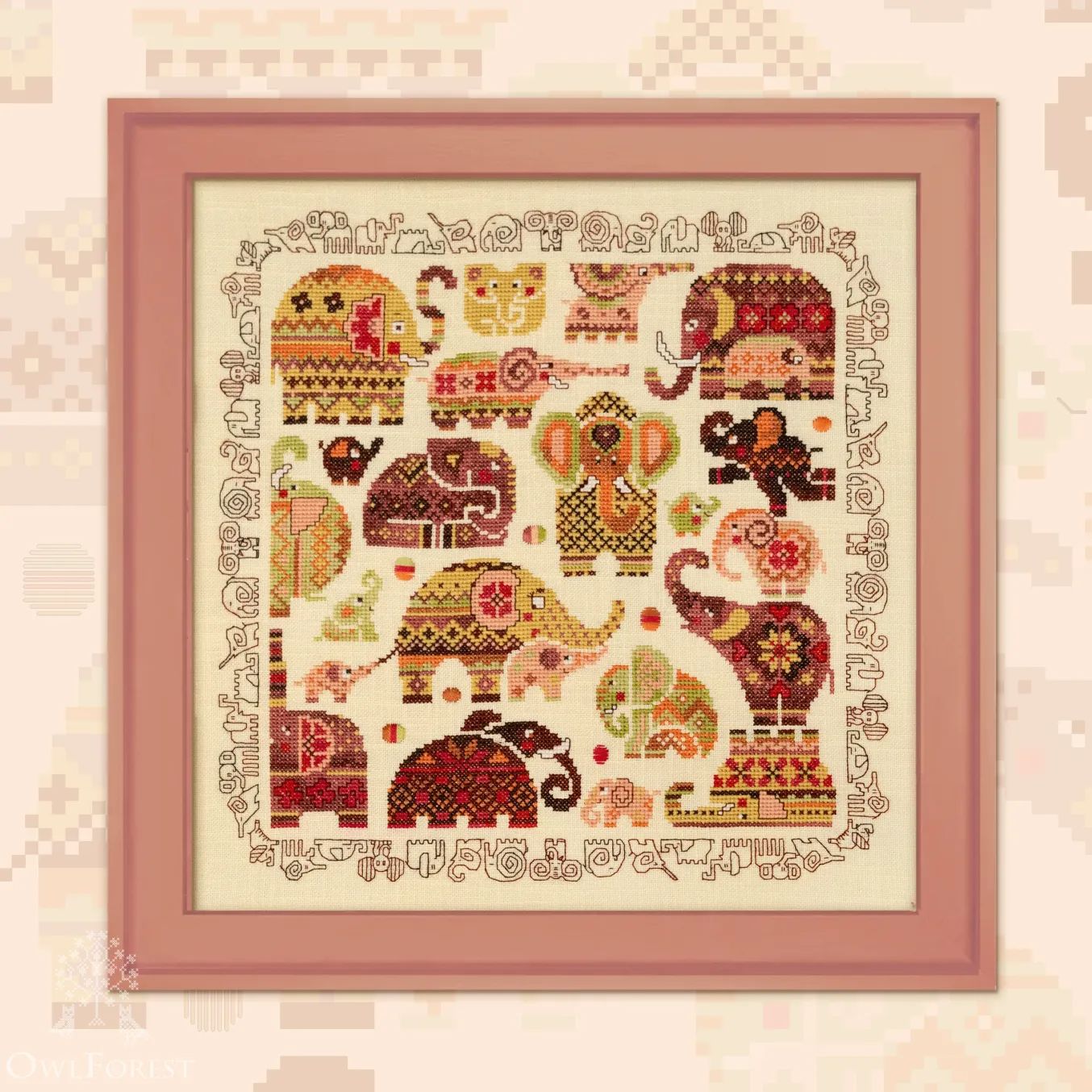 Funny Elephants by Owl Forest Embroidery 2026 Printed counted cross stitch pattern Set of OwlForest Hand-Dyed Threads (DMC)