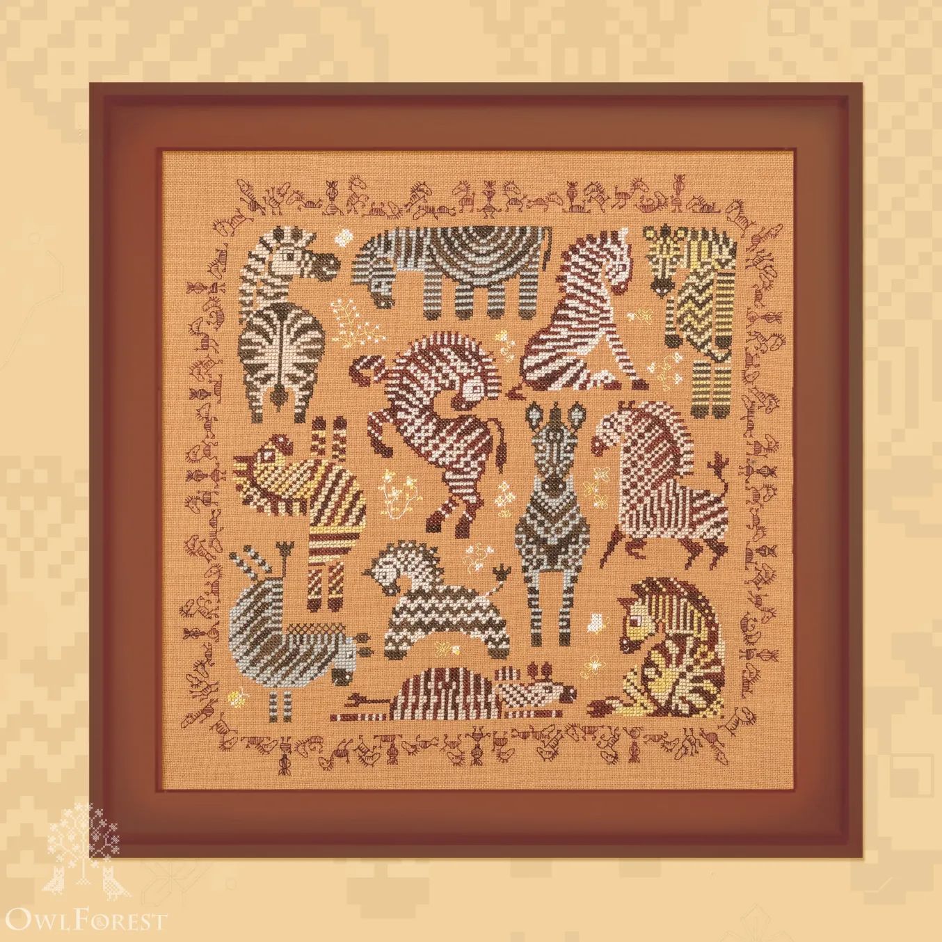 Striped zebras by Owl Forest Embroidery 2026 Printed counted cross stitch pattern Set of OwlForest Hand-Dyed Threads (DMC) 32 ct with 2 str.