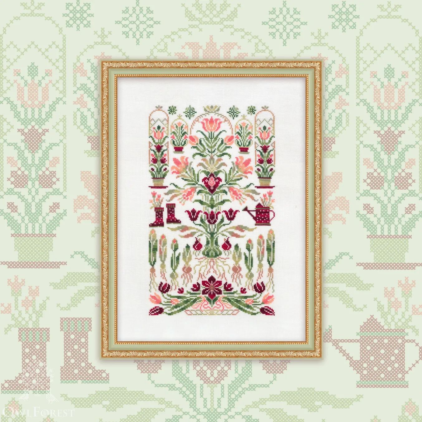 Tulip Tree by Owl Forest Embroidery 2026 Printed counted cross stitch pattern, Set of Hand-Dyed Threads DMC 32, 36ct. with 2 strands