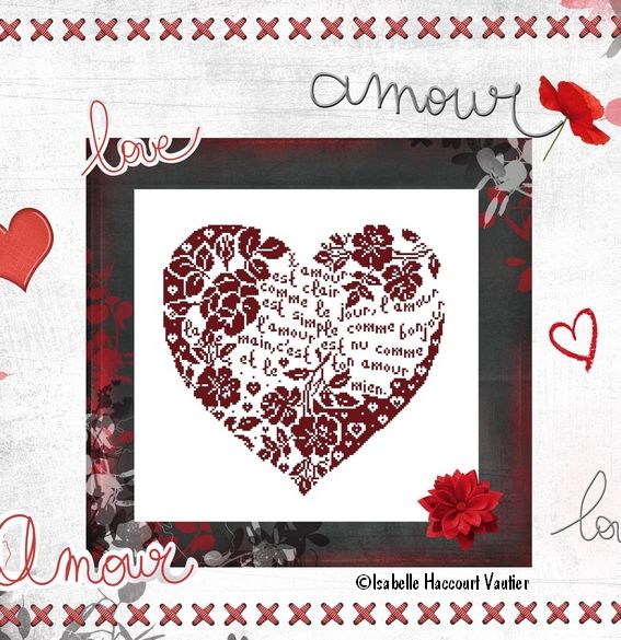Coeur d'Amour (Heart of Love) by Isabelle Haccourt Vautier 2023. Printed cross stich pattern