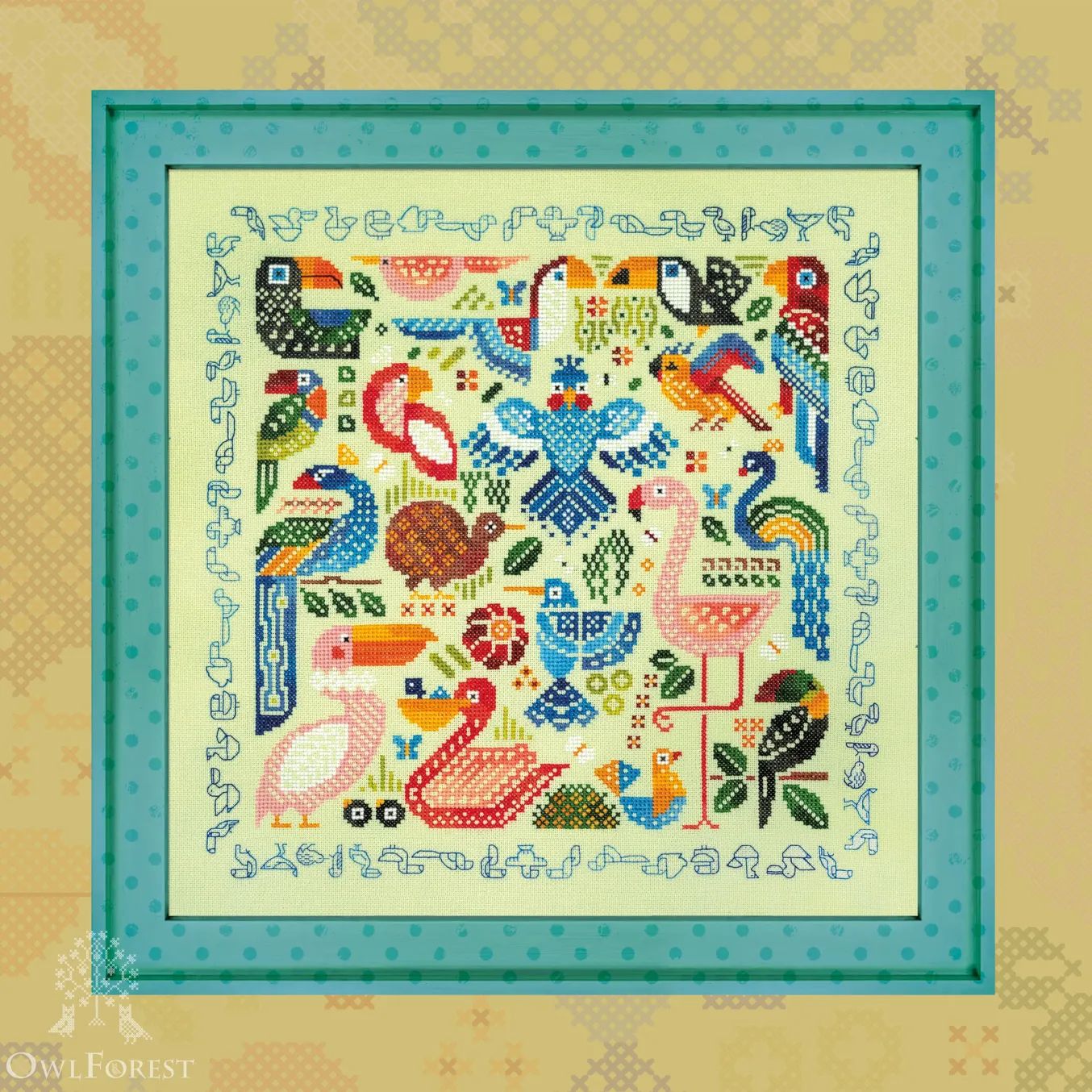 Exotic Birds by Owl Forest Embroidery 2024 Printed counted cross stitch pattern Set of OwlForest Hand-Dyed Threads DMC 28,32,36 ct with 2 st
