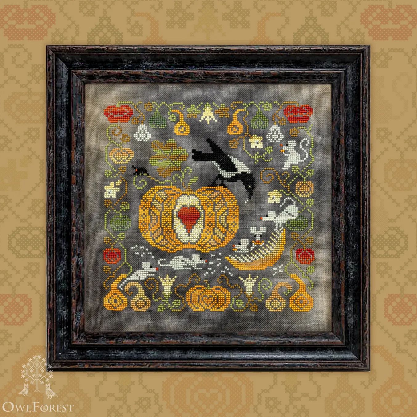 Pumpkin Crow by Owl Forest Embroidery 2022 Printed counted cross stitch pattern Hand-Dyed Threads Set DMC