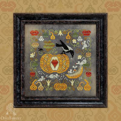 Pumpkin Crow by Owl Forest Embroidery 2022 Printed counted cross stitch pattern Hand-Dyed Threads Set DMC