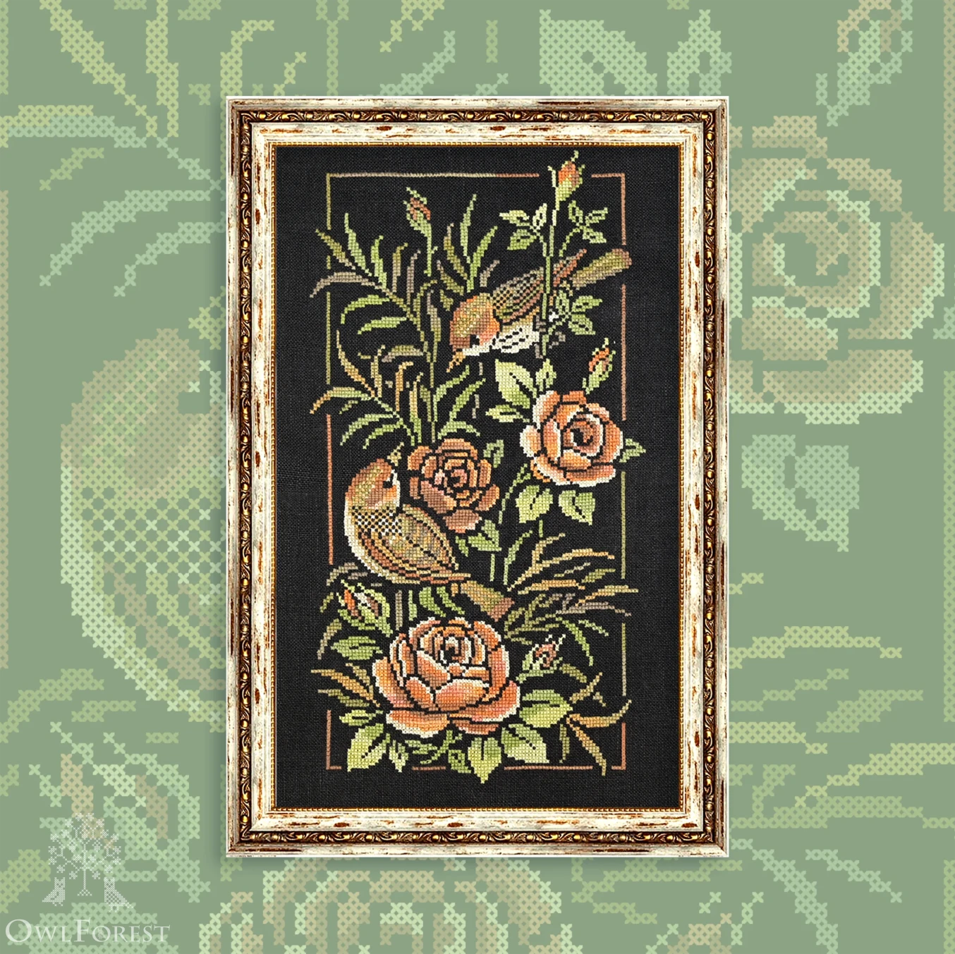 Nocturne by Owl Forest Embroidery 2026 Printed counted cross stitch pattern, Set of Hand-Dyed Threads DMC 28, 32 ct. with 2 strands