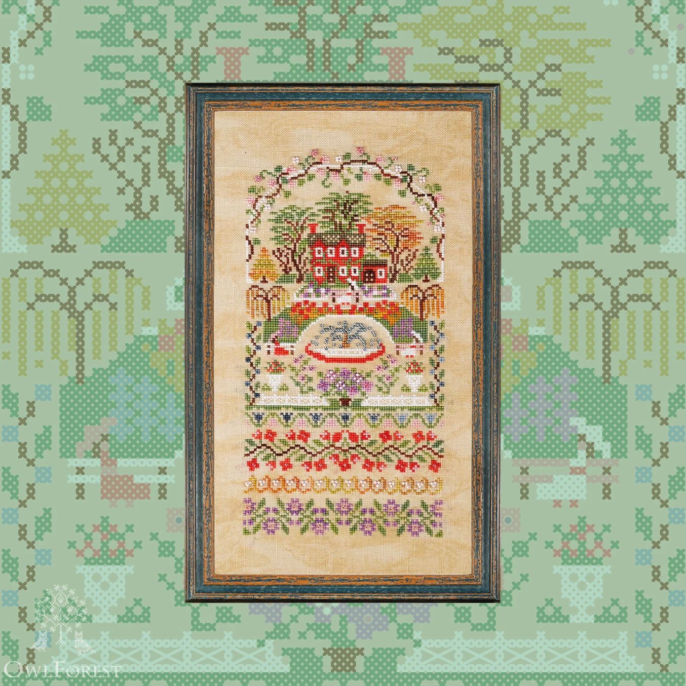 Courtyard with a Fountain by Owl Forest Embroidery 2026 Printed cross stitch pattern Set of OwlForest Hand-Dyed Threads DMC 28,32ct.