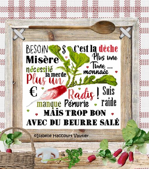 Plus un radis! (No Money Left! French Radish Sampler) by Isabelle Haccourt Vautier Collection Brode de Noir by ISA Сross-stitch pattern