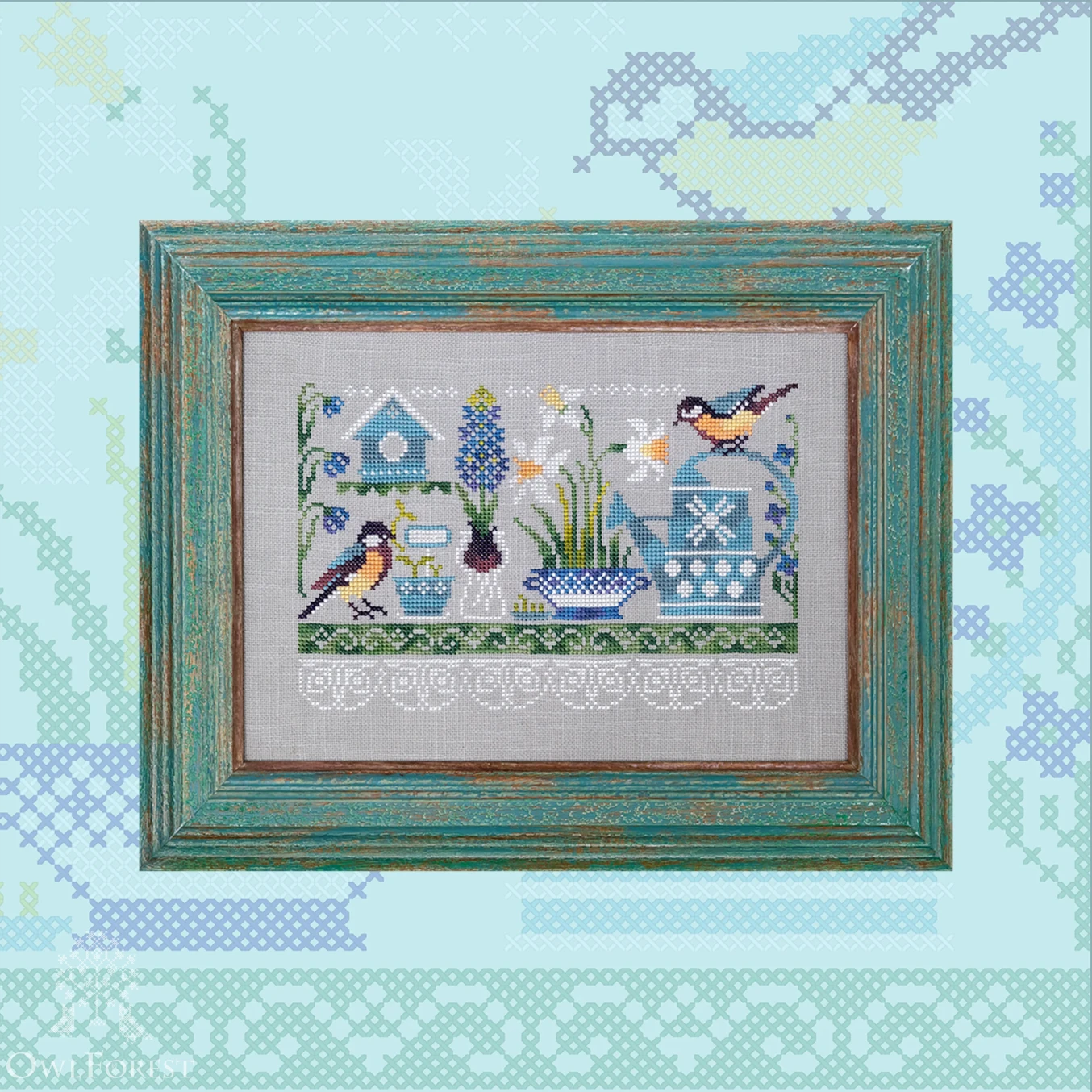Gardener’s Shelf by Owl Forest Embroidery 2026 Printed counted cross stitch pattern Set of OwlForest Hand-Dyed Threads (DMC) 28, 32 ct with 2 str.