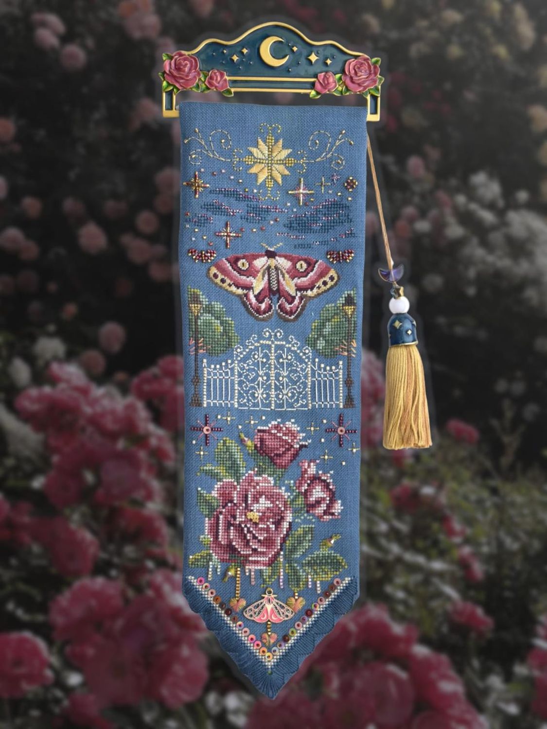 The Moth in the Rosarium by MilleFleur 2026 Cross Stitch Pattern with Embellishment and thread packs
