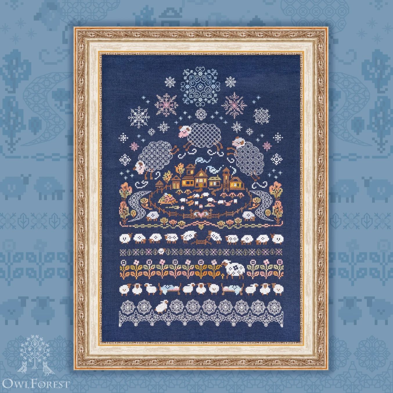 Count the Sheep by Owl Forest Embroidery 2026 Printed counted cross stitch pattern, Set of Hand-Dyed Threads DMC 32ct with 2stands