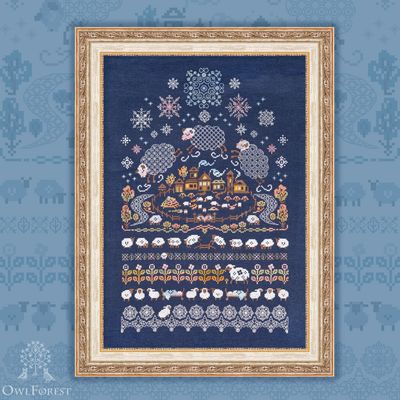 Count the Sheep by Owl Forest Embroidery 2026 Printed counted cross stitch pattern, Set of Hand-Dyed Threads DMC 32ct with 2stands