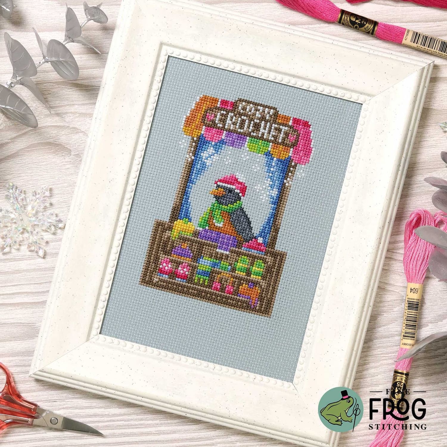 Crochet Shop Robin by Fine Frog Stitching Exclusive Needlework Marketplace 2026 Printed Counted Cross Stitch pattern