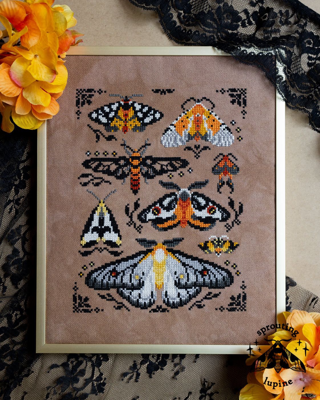 Ochre Wings by Sprouting Lupine Exclusive Needlework Marketplace 2026 Printed counted cross-stitch pattern