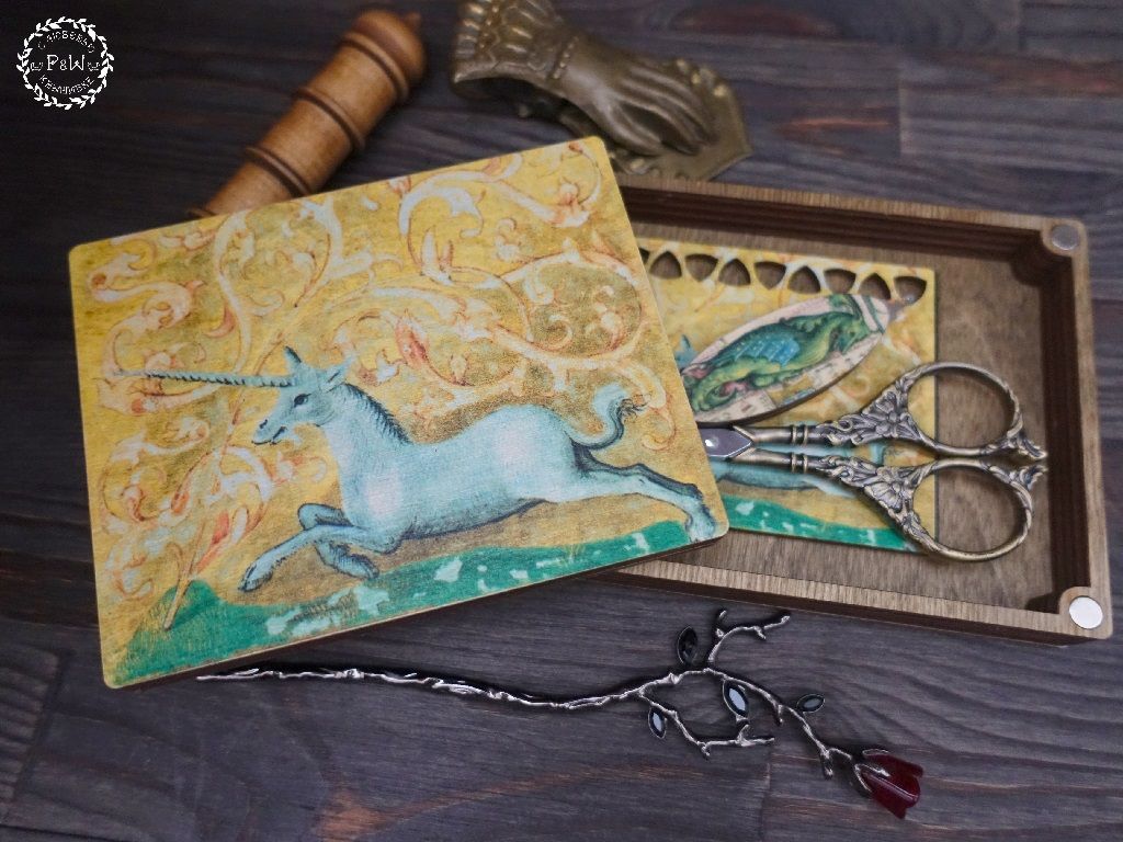 Unicorn: Book of Treasures by Primitive and Wood (P&amp;W) Keepsake Box &amp; Thread Organizer Designer embroidery accessories
