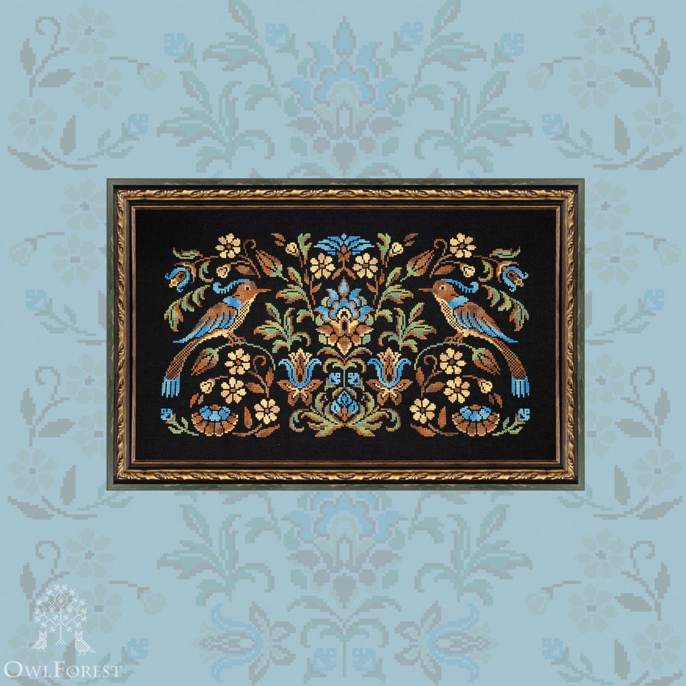 Turquoise Bird Night Songs by Owl Forest Embroidery 2024 Counted Cross Stitch pattern, Set of Hand-Dyed Threads DMC 32 ct with 2 strands