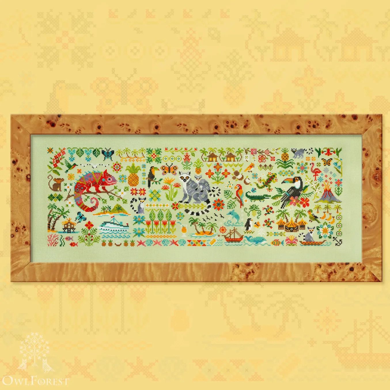 Lemuria by Owl Forest Embroidery 2025 Printed counted cross stitch pattern, Set of OwlForest Hand-Dyed Threads DMC 32 ct with 2 st