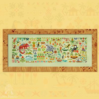Lemuria by Owl Forest Embroidery 2025 Printed counted cross stitch pattern, Set of OwlForest Hand-Dyed Threads DMC 32 ct with 2 st