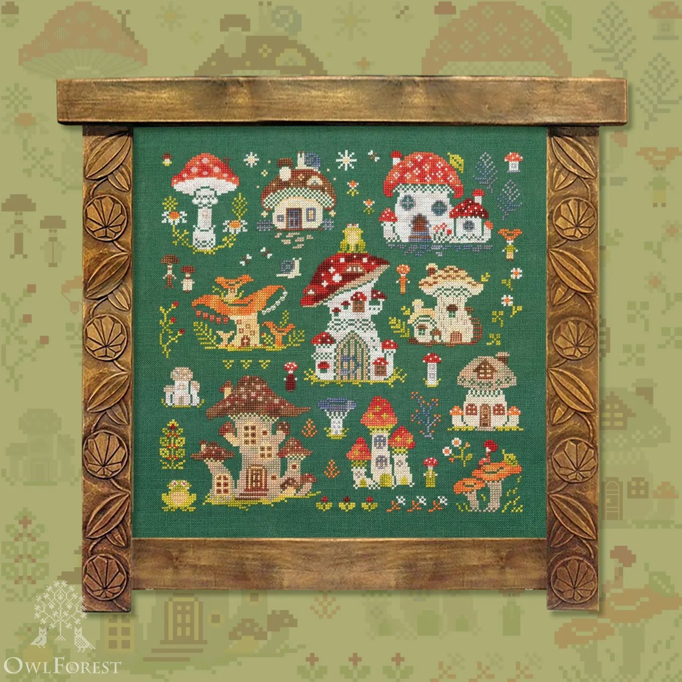 Mushroom Houses by Owl Forest Embroidery 2023 Printed cross stitch pattern Set of Hand-Dyed Threads Set (DMC) 28 ct. with 2 strands