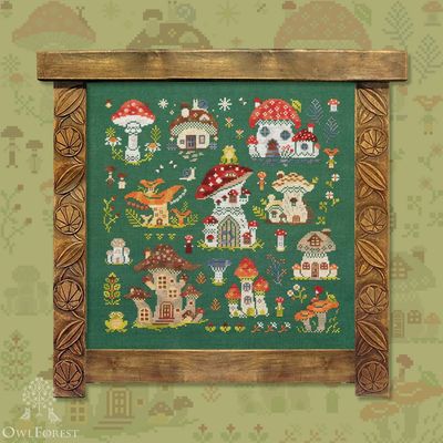 Mushroom Houses by Owl Forest Embroidery 2023 Printed cross stitch pattern Set of Hand-Dyed Threads Set (DMC) 28 ct. with 2 strands