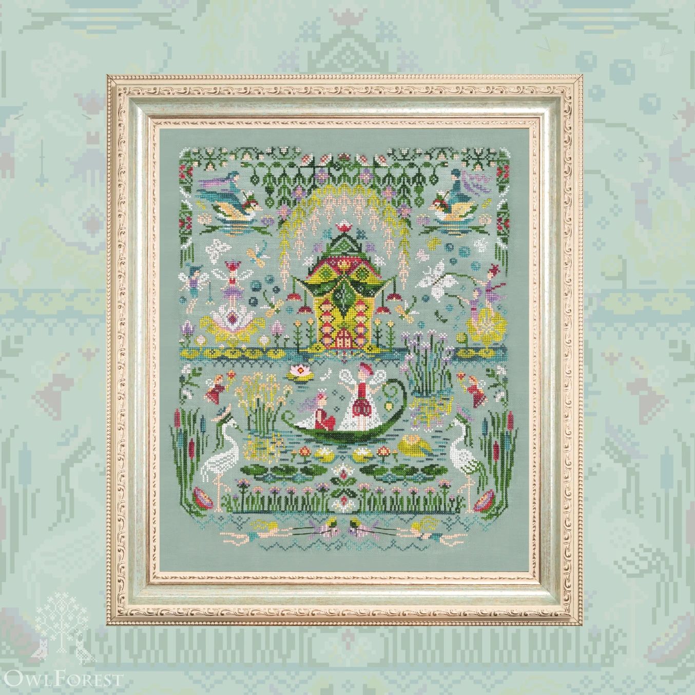 The Land of Nymphaea by Owl Forest Embroidery 2026 Printed cross-stitch pattern, Set of Hand-Dyed Threads (DMC)