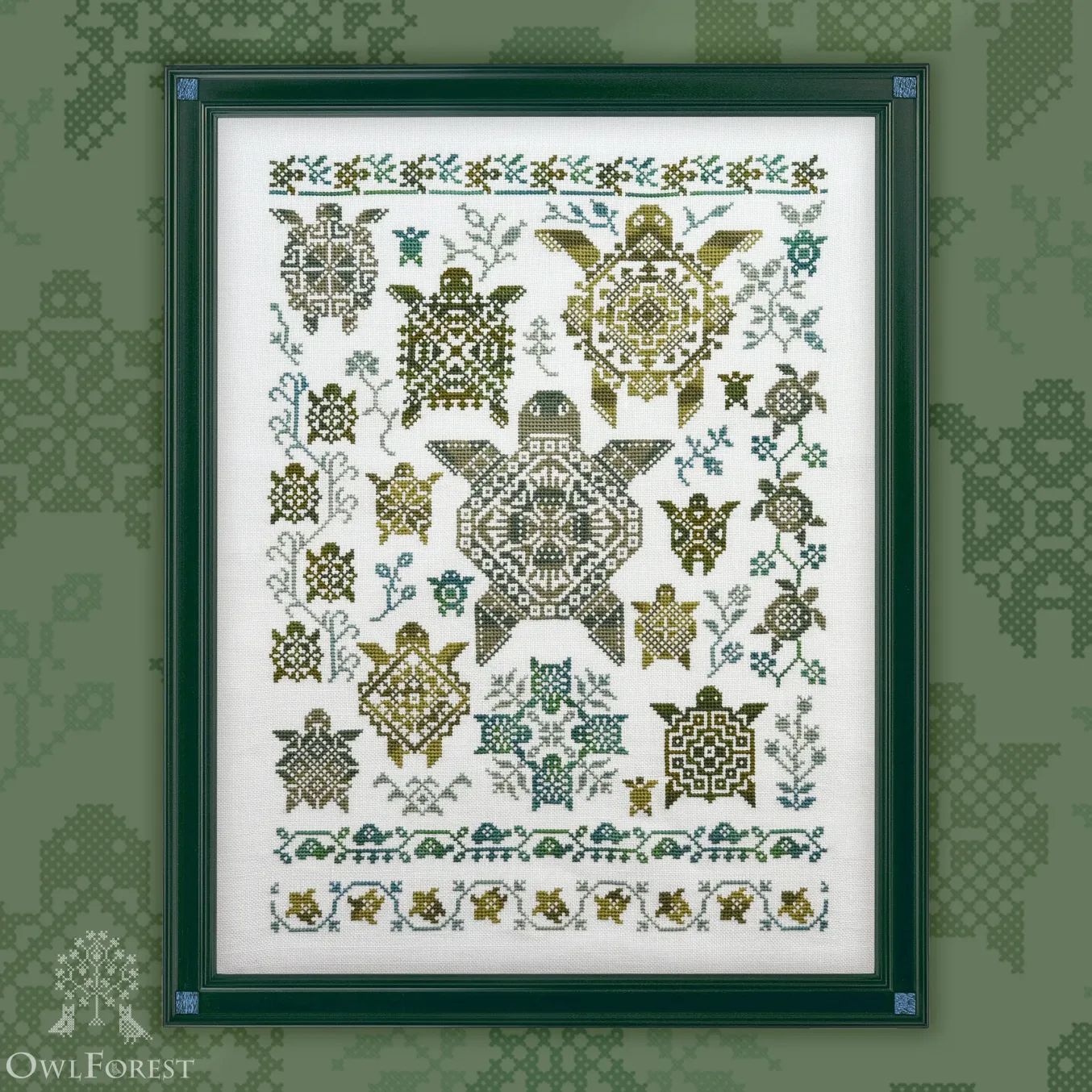 Turtle Quaker by Owl Forest Embroidery 2021 Printed counted cross stitch pattern, Hand-Dyed Threads Set (DMC) 28, 32 ct. with 2 strands