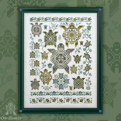 Turtle Quaker by Owl Forest Embroidery 2021 Printed counted cross stitch pattern, Hand-Dyed Threads Set (DMC) 28, 32 ct. with 2 strands