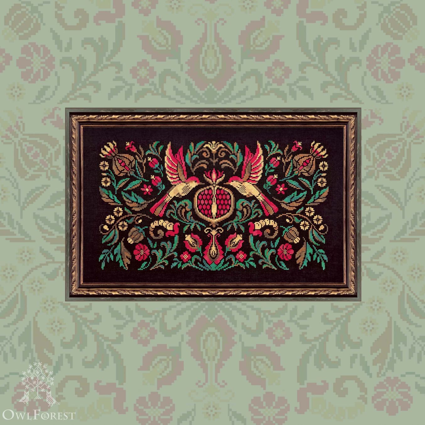 Pomegranate Bird Night Songs by Owl Forest Embroidery 2024 Counted Cross Stitch pattern, Set of Hand-Dyed Threads DMC 32 ct with 2 strands