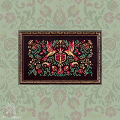 Pomegranate Bird Night Songs by Owl Forest Embroidery 2024 Counted Cross Stitch pattern, Set of Hand-Dyed Threads DMC 32 ct with 2 strands