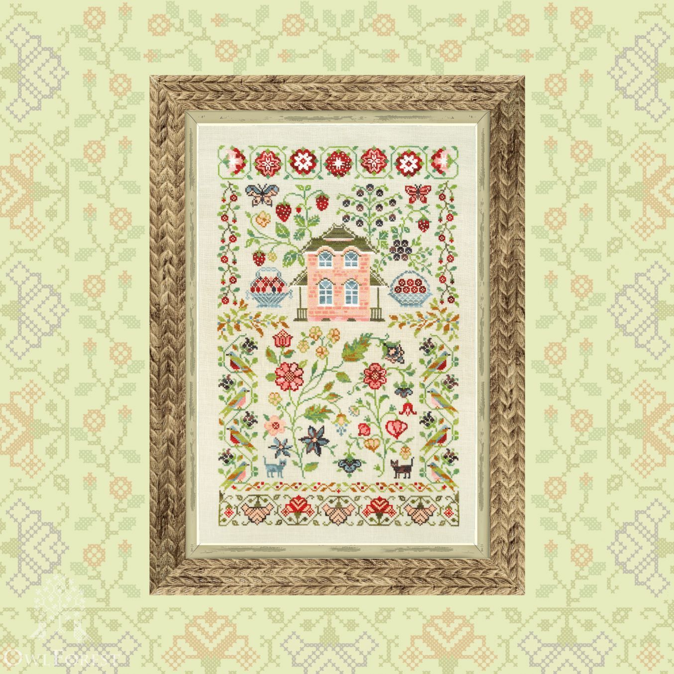 Strawberry House by Owl Forest Embroidery 2025 Printed counted cross stitch pattern, Set of Hand-Dyed Threads DMC 32,36 ct. with 2 strands