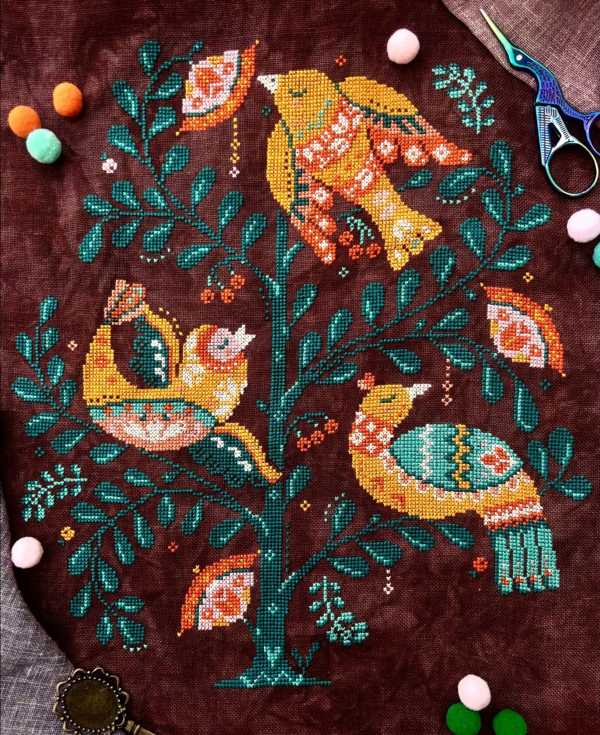 Songbirds and Berries by Quaternion Creations Exclusive Needlework Marketplace 2026 Counted cross-stitch pattern
