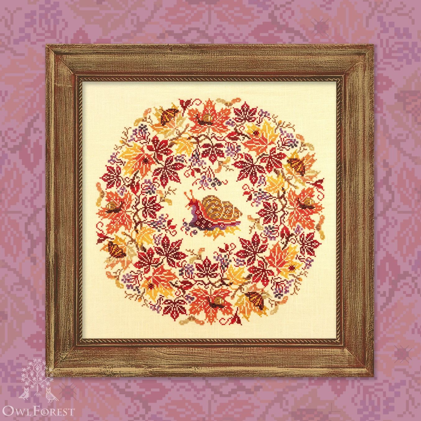 Autumn Colors by Owl Forest Embroidery 2026 printed cross-stitch pattern, Set of Hand-Dyed Threads DMC 32ct. with 2 strands