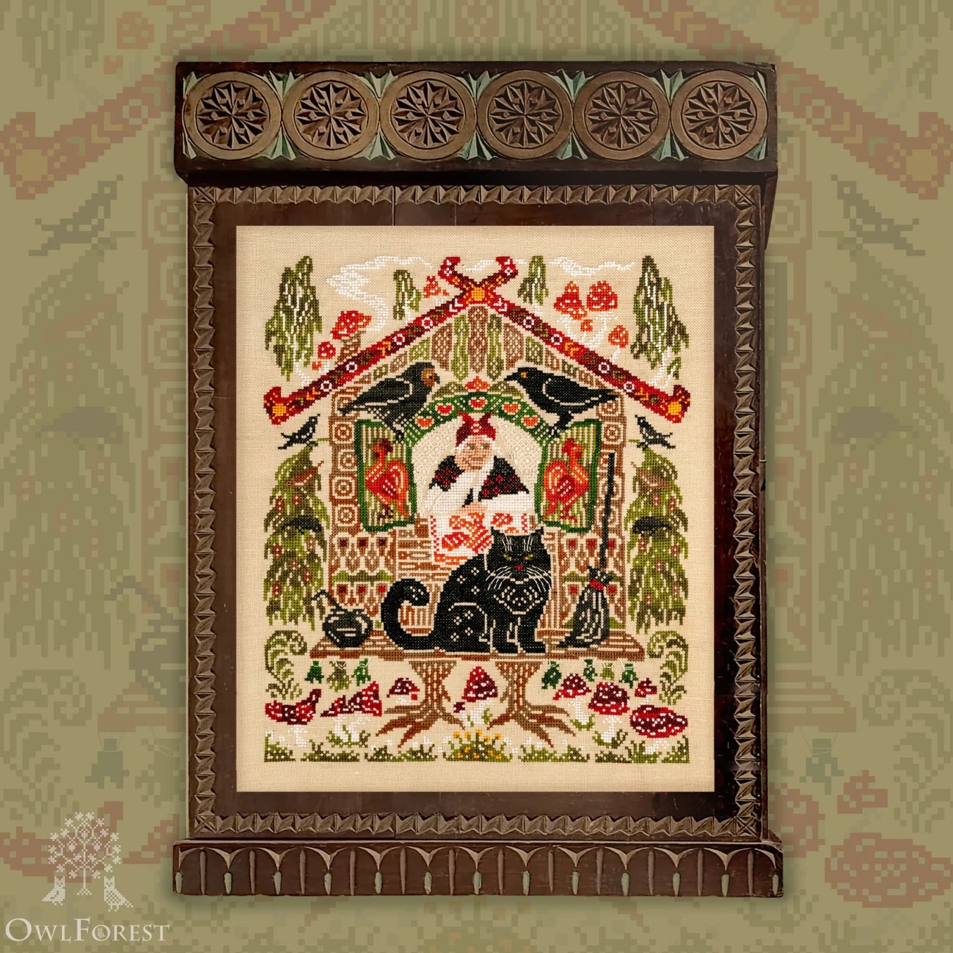 Yaga's Cat by Owl Forest Embroidery 2026 Printed counted cross stitch pattern, Set of Hand-Dyed Threads (DMC) 32, 36 ct. with 2 strands