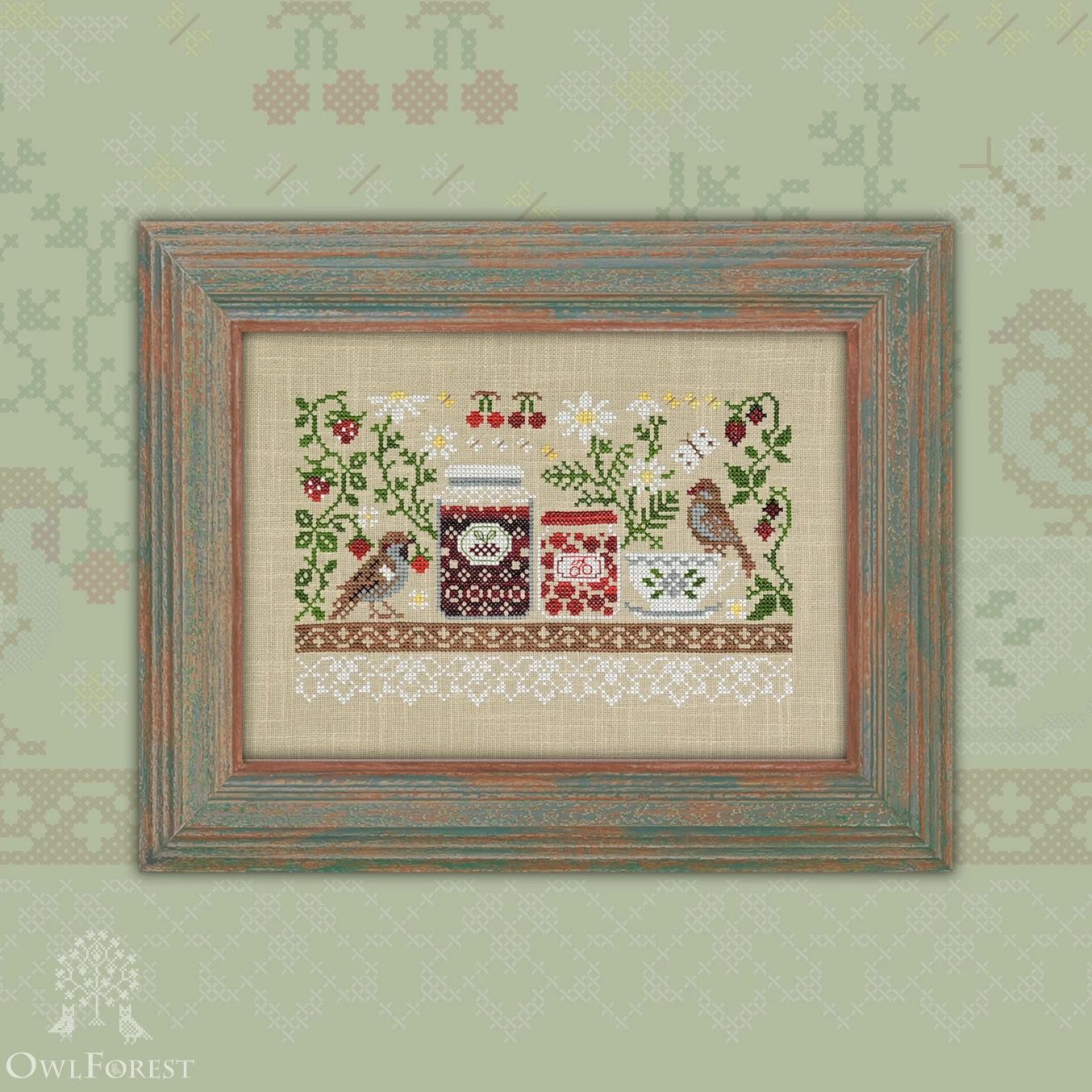 Shelf with Jam by Owl Forest Embroidery 2026 Printed counted cross stitch pattern, Set of Hand-Dyed Threads (DMC)