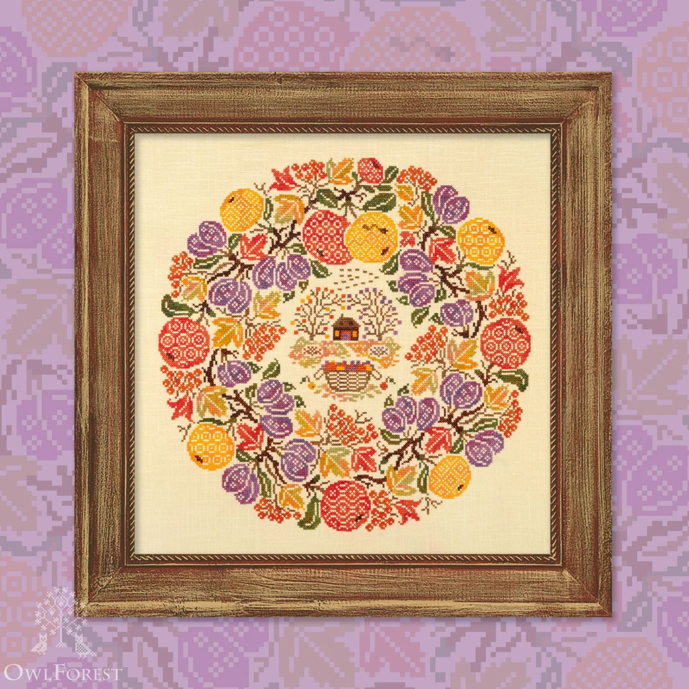 Grandma's Orchard by Owl Forest Embroidery 2026 printed cross-stitch pattern, Set of Hand-Dyed Threads DMC 32ct. with 2 strands