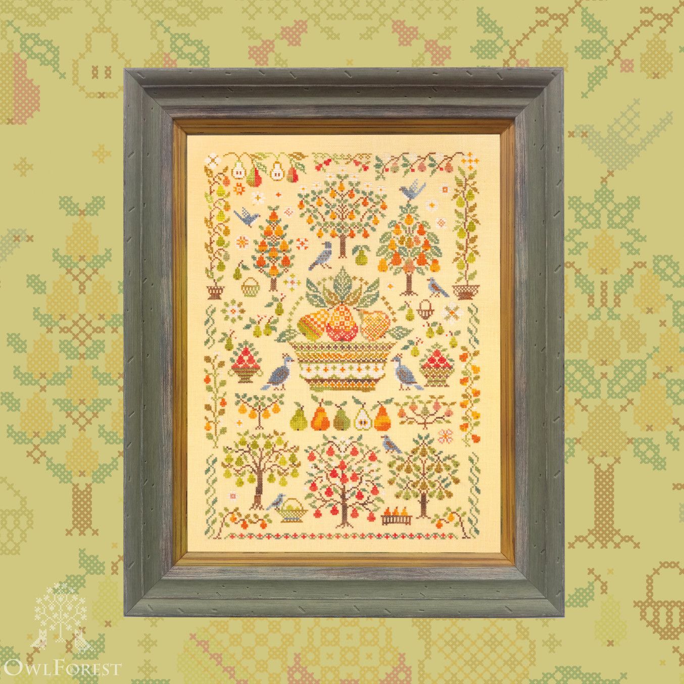 Pear Harvest by Owl Forest Embroidery 2026 Printed counted cross stitch pattern, Set of Hand-Dyed Threads DMC 28, 32 ct. with 2 strands