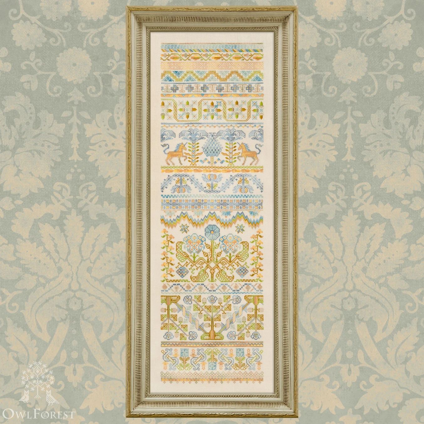 Unicorn Band Sampler by Owl Forest Embroidery 2026 Booklet of the counted cross-stitch pattern, Set of OwlForest Threads 32 ct with 2 str.