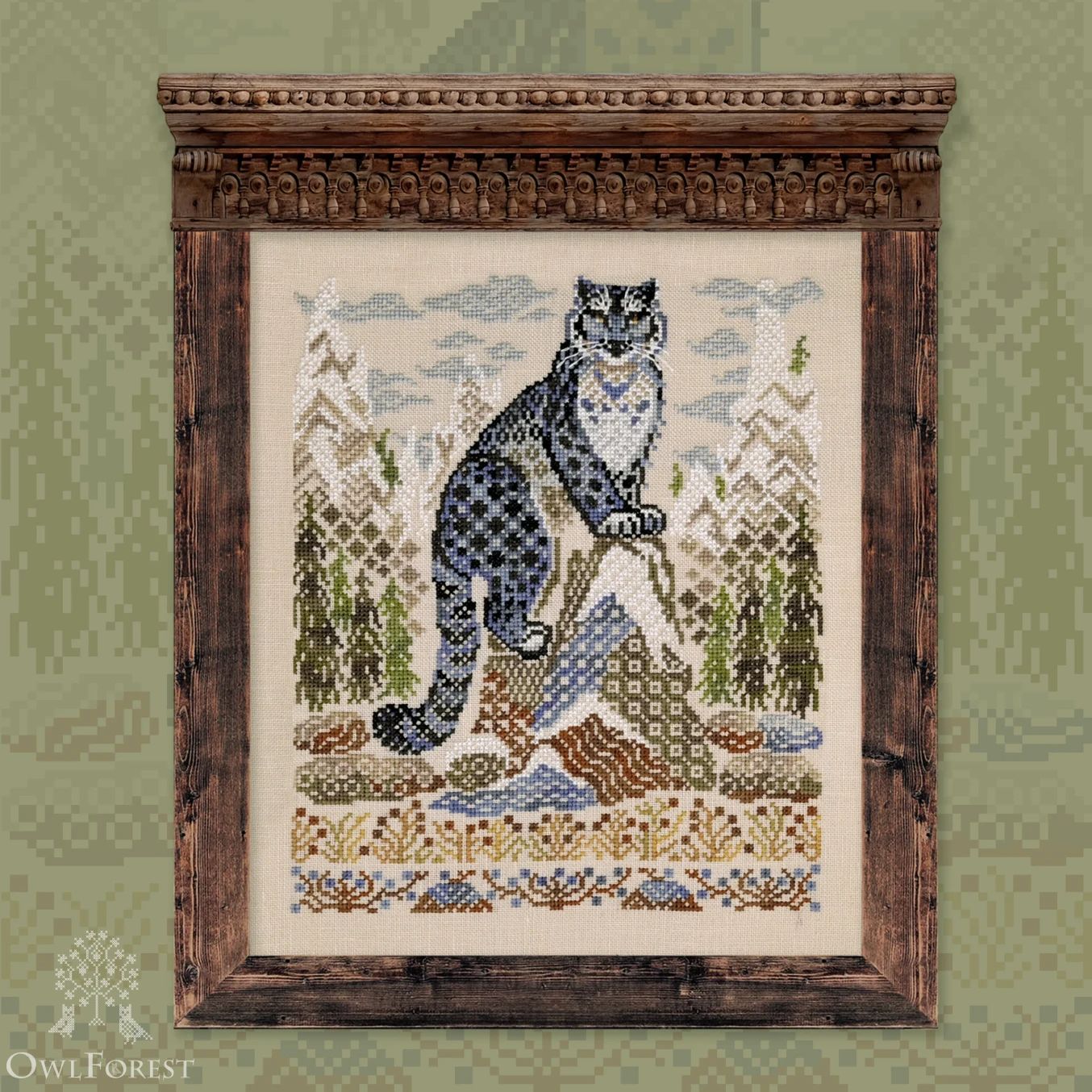 Snow Leopard by Owl Forest Embroidery 2026 Printed Cross-Stitch Pattern Set of Hand-Dyed Threads PNK 32ct. with 2 strands